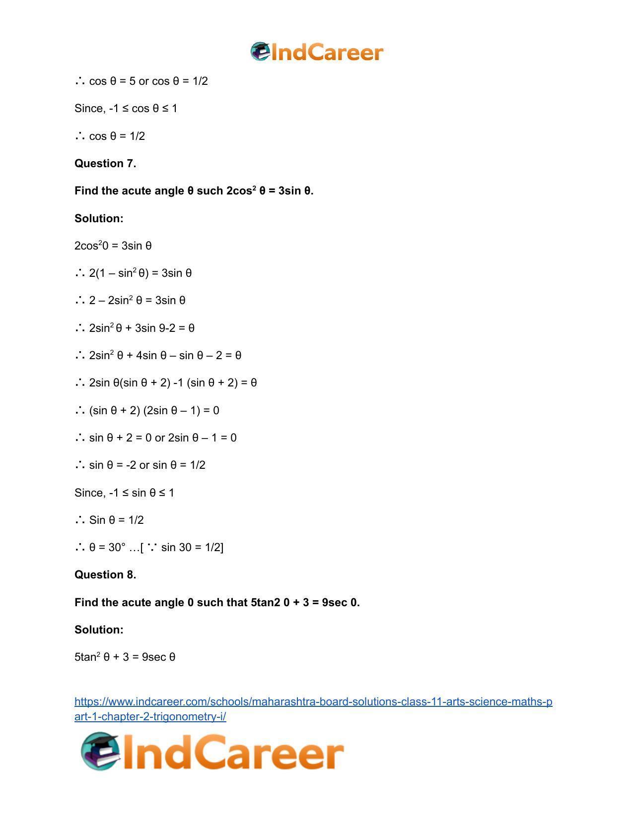 Maharashtra Board Solutions Class 11-Arts & Science Maths (Part 1): Chapter 2- Trigonometry – I - Page 50
