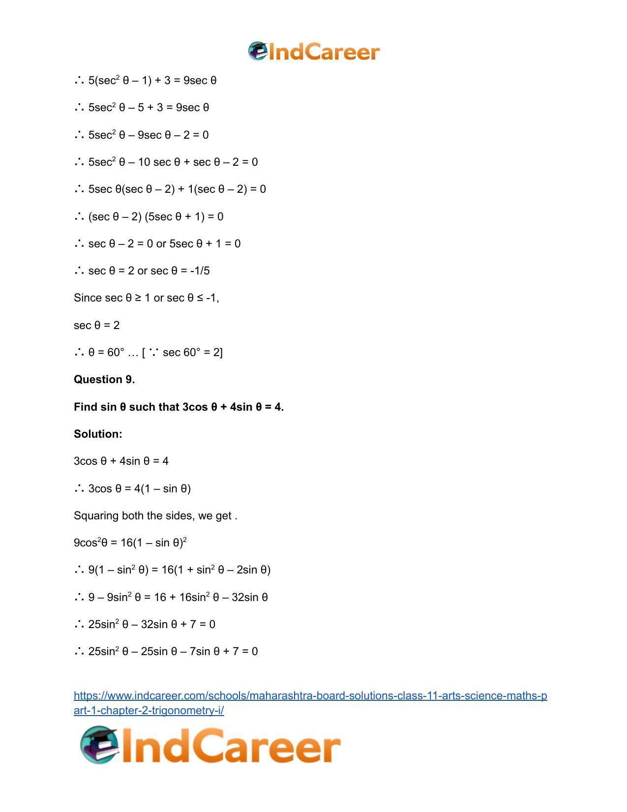 Maharashtra Board Solutions Class 11-Arts & Science Maths (Part 1): Chapter 2- Trigonometry – I - Page 51