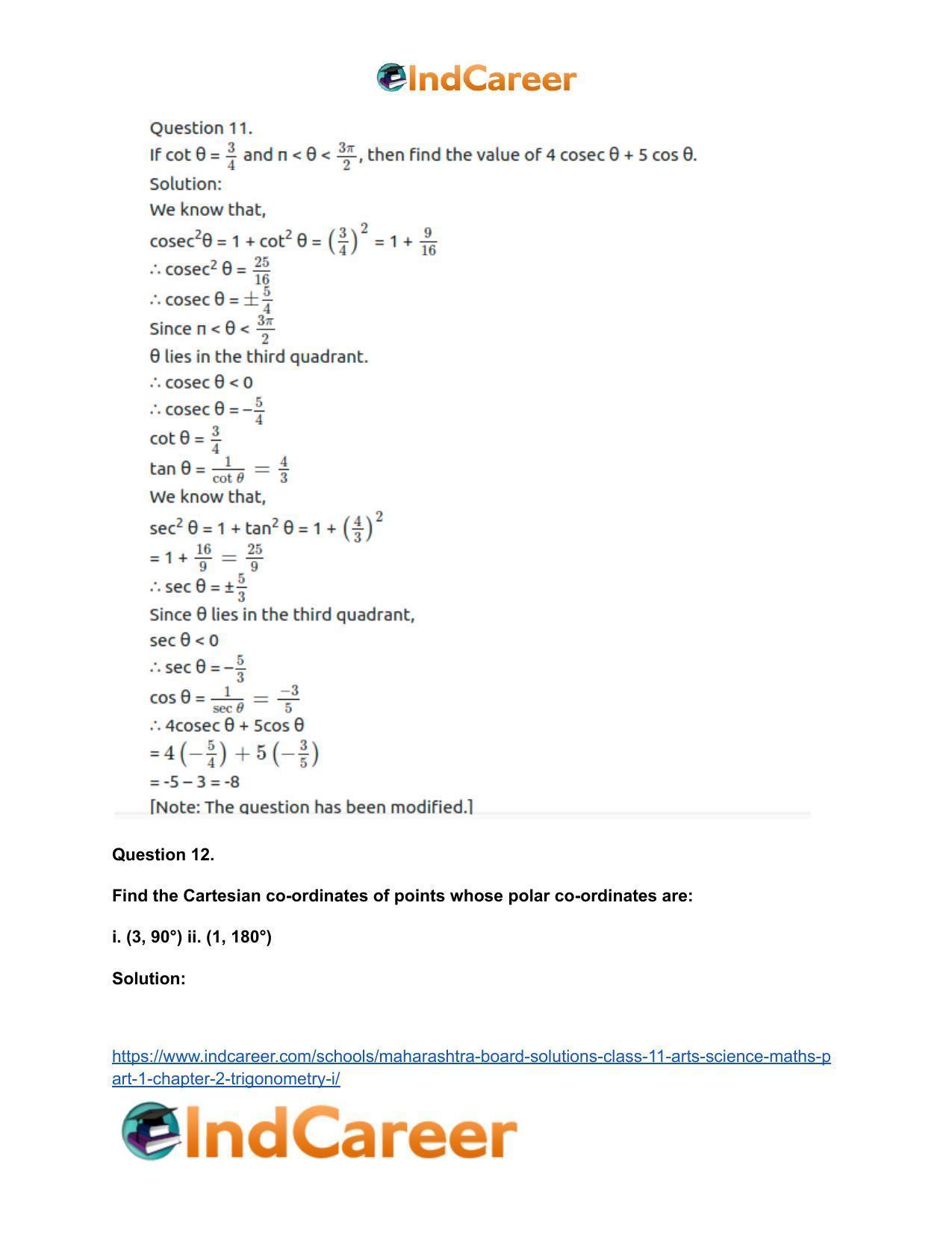 Maharashtra Board Solutions Class 11-Arts & Science Maths (Part 1): Chapter 2- Trigonometry – I - Page 54