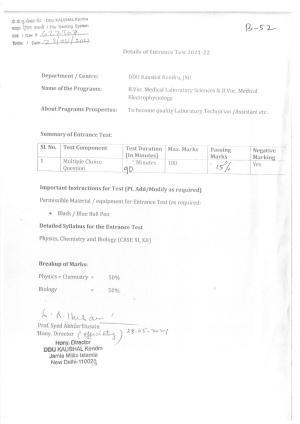JMI Entrance Exam B52-B. Voc (Medical Laboratory Sciences/Medical Electrophysiology) - (Self Financed) Syllabus