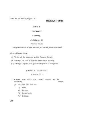 Meghalaya Board (MBOSE) Class 12 GEOLOGY ( Theory ) 2019 Question Paper