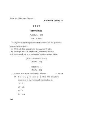 Meghalaya Board (MBOSE) Class 12 STATISTICS 2018 Question Paper