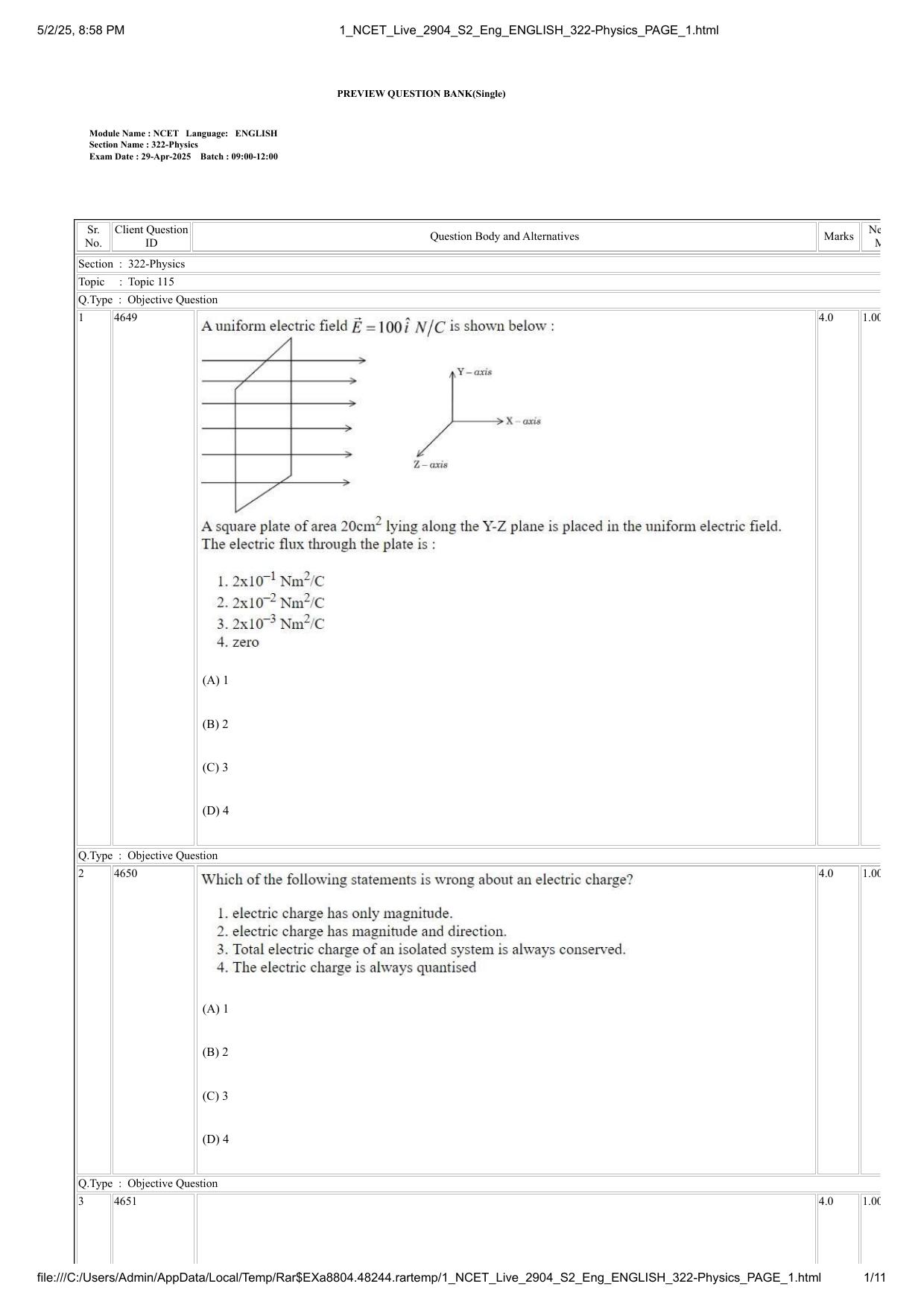 NCET 2025 Question Paper - Physics - Page 1