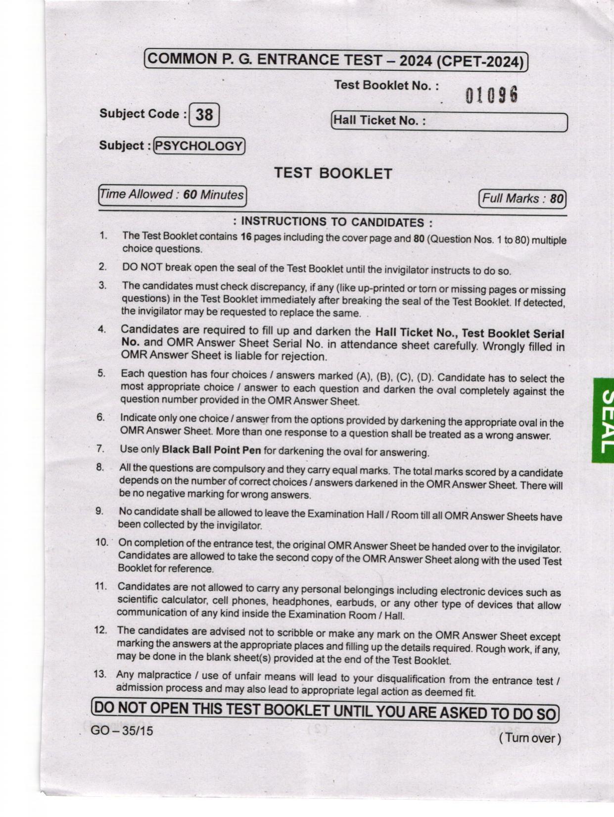 Odisha CPET 2024 PSYCHOLOGY Question Papers - Page 1