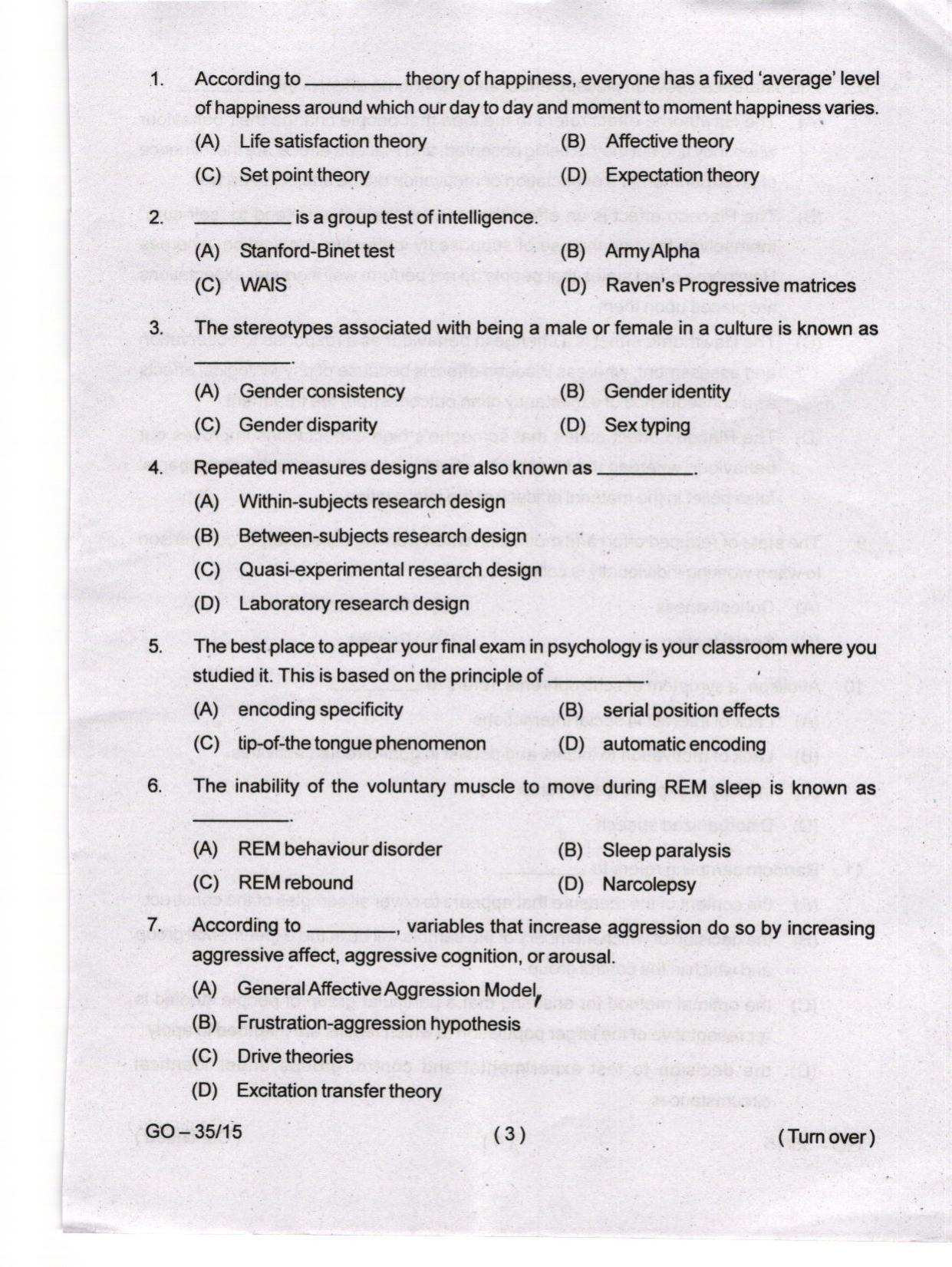 Odisha CPET 2024 PSYCHOLOGY Question Papers - Page 3