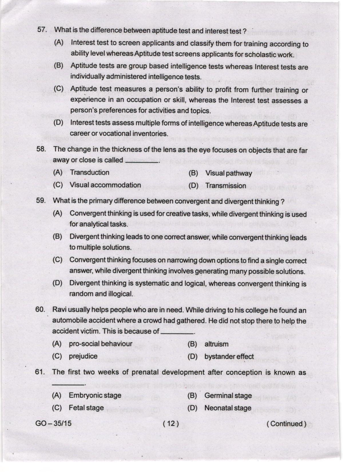 Odisha CPET 2024 PSYCHOLOGY Question Papers - Page 12