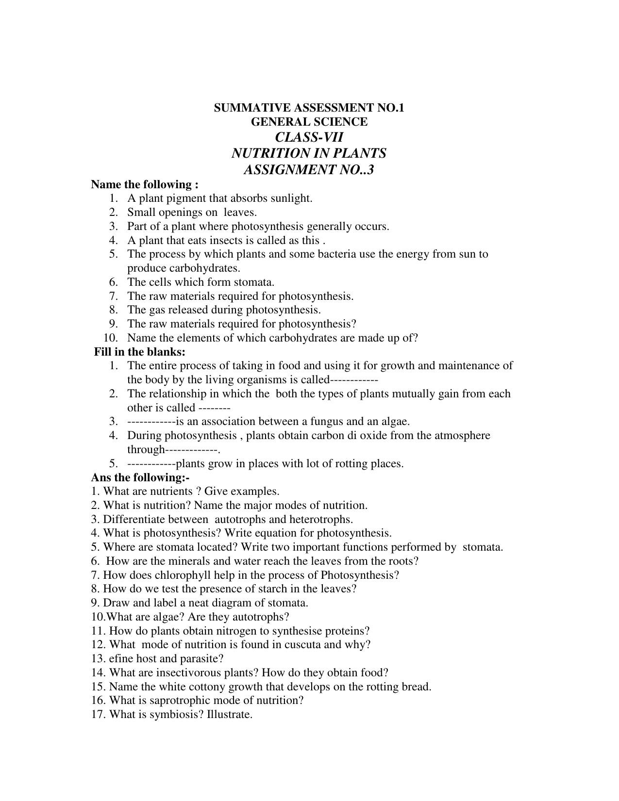 CBSE Worksheets for Class 7 Science Assignment 19 - Page 1