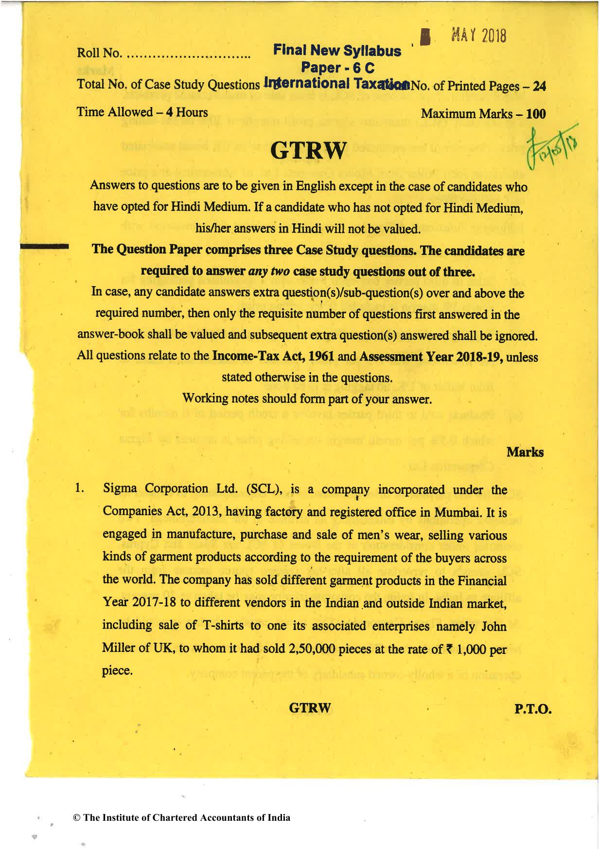 CA Final May 2018 Question Paper - Paper 6C – International Taxation - Page 1