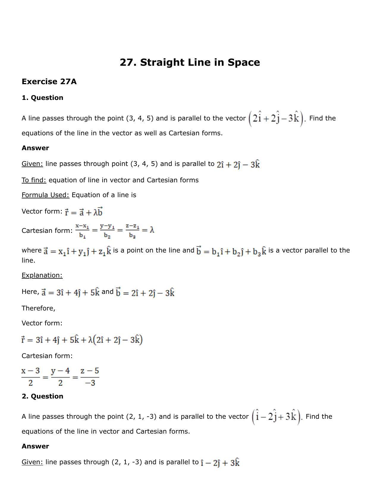Chapter 27: Straight Line in Space Solutions: RS Aggarwal Class 12 Solutions  - Page 1