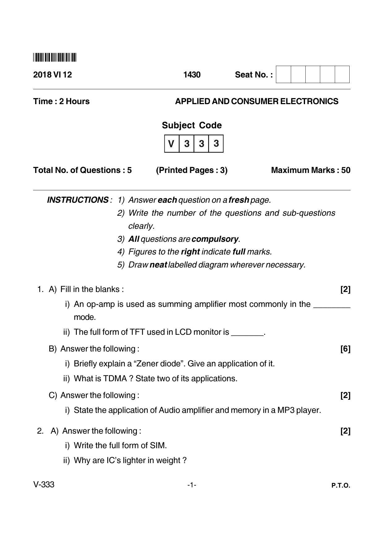 Goa Board Class 12 Applied and Consumer Electronics Voc 333 (June 2018) Question Paper - Page 1
