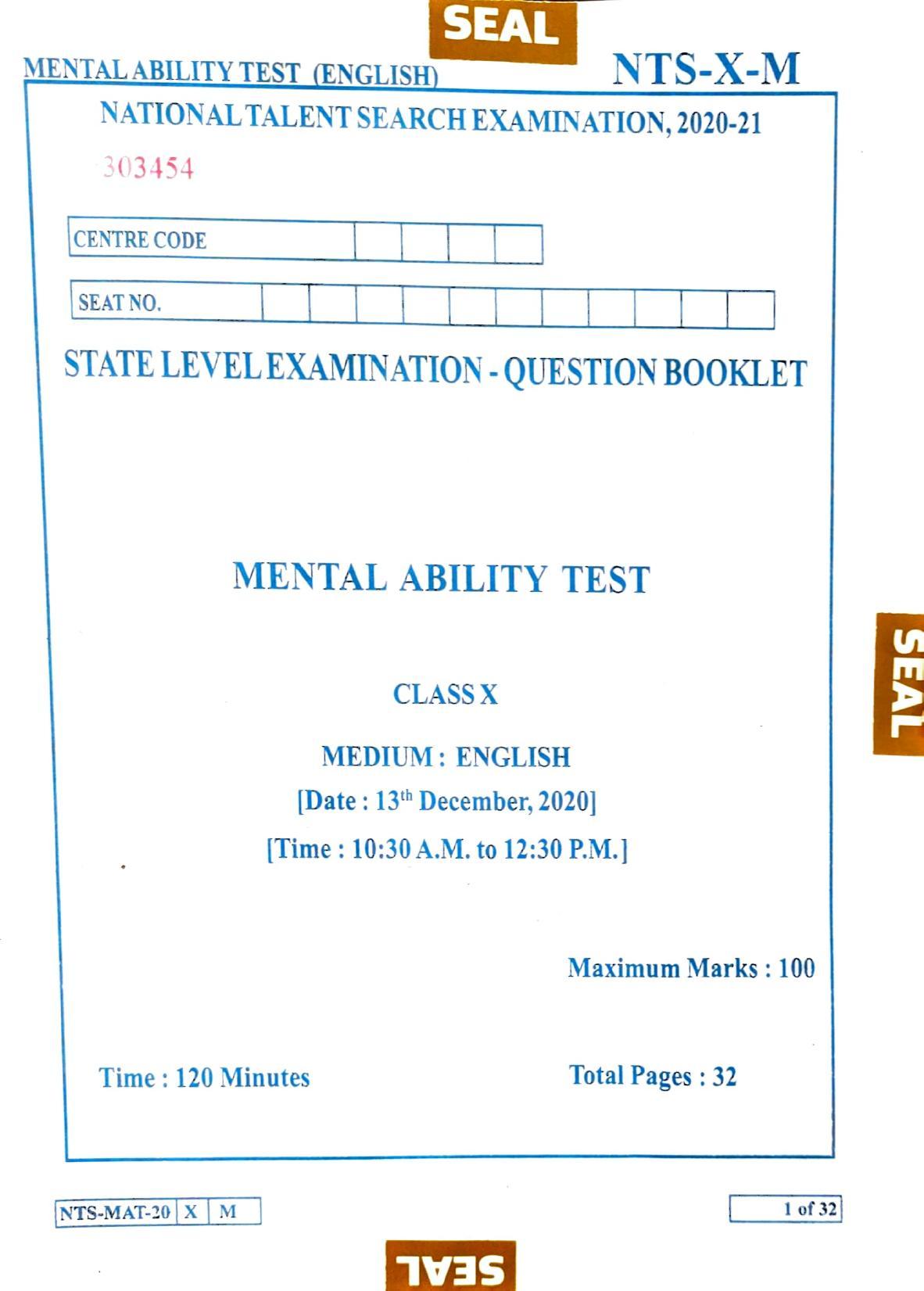 Maharashtra NTSE 2021 English MAT Question Paper - Page 1