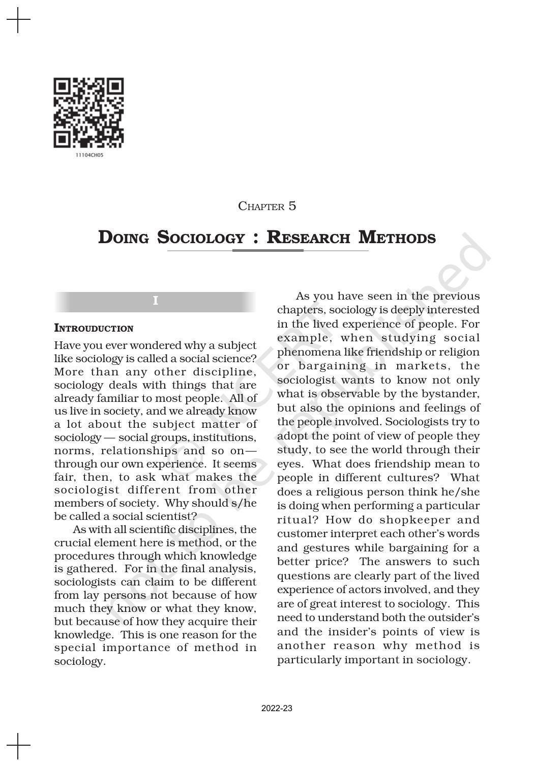 NCERT Book for Class 11 Sociology (Part-I) Chapter 5 Doing Sociology: Research Methods - Page 1