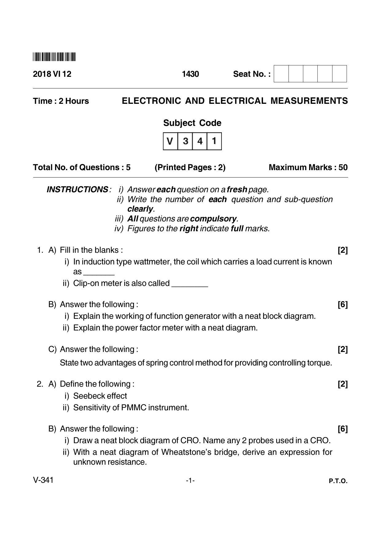 Goa Board Class 12 Electronic and Electrical Measurements Voc 341 (June 2018) Question Paper - Page 1