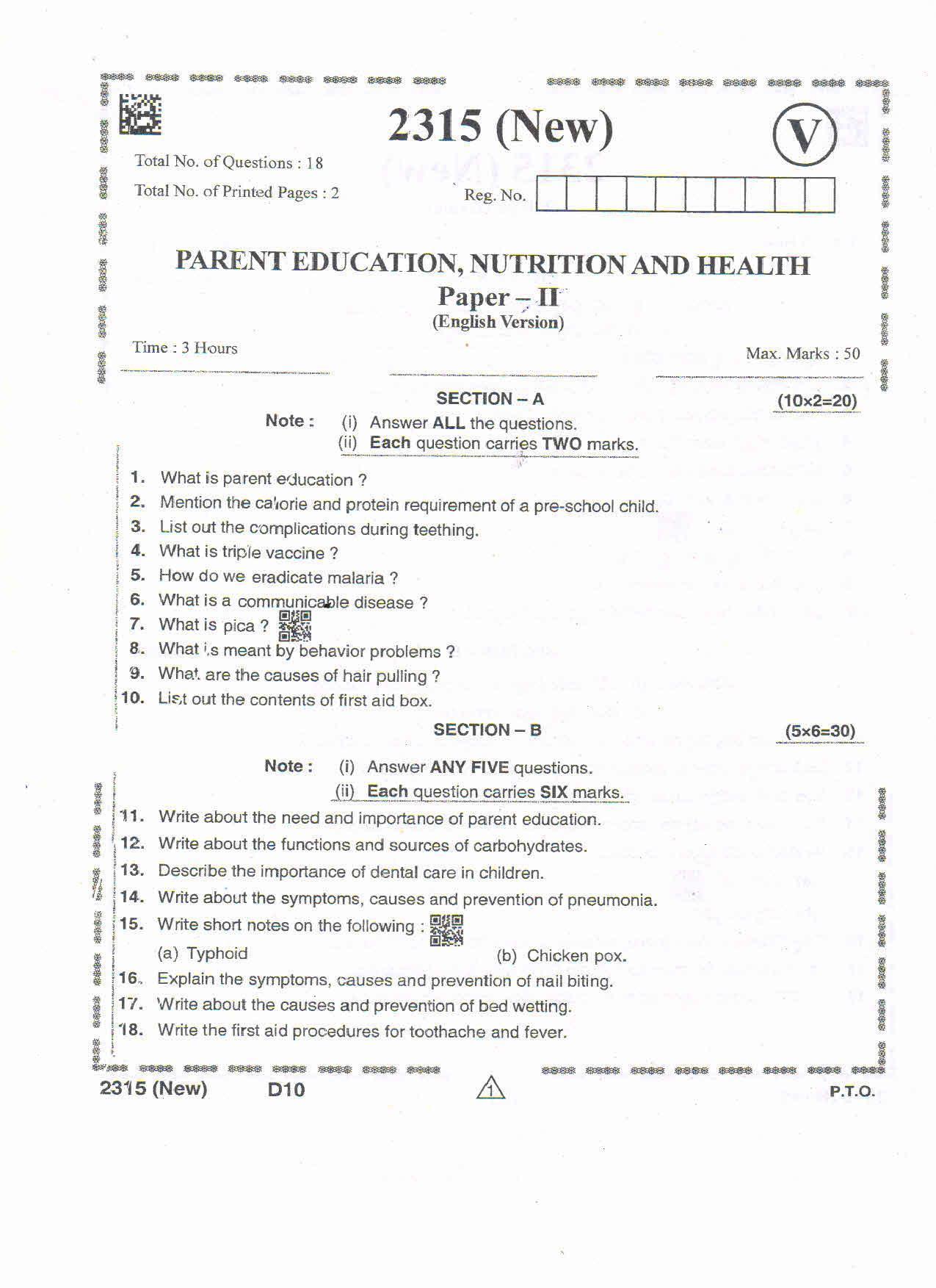 AP Intermediate 2nd Year Vocational Question Paper September-2021 - Parent_Education,Nutrition&Health-II - Page 1