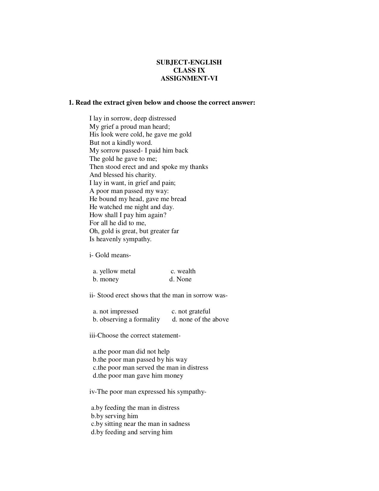 CBSE Worksheets for Class 9 English Assignment 26 - Page 1