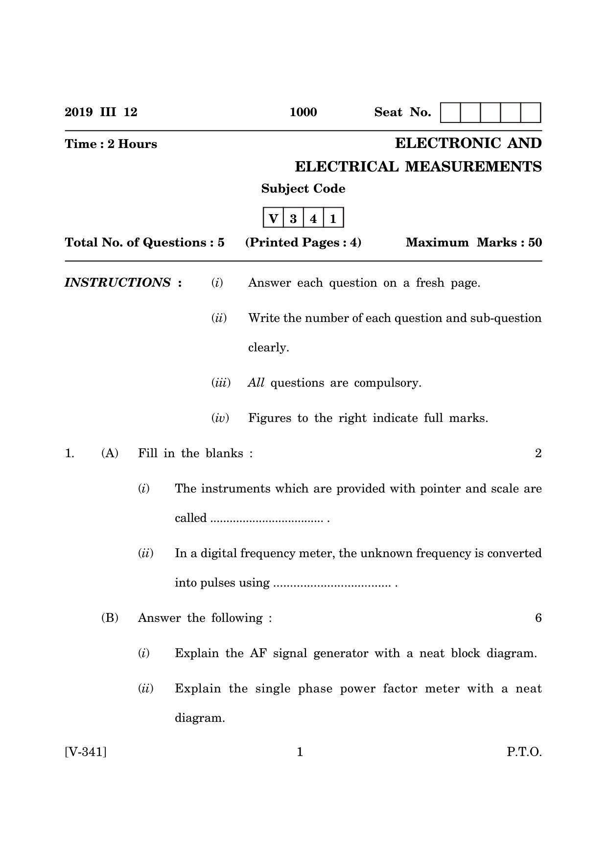 Goa Board Class 12 Electronic and Electrical Measurements 2019 (March 2019) Question Paper - Page 1
