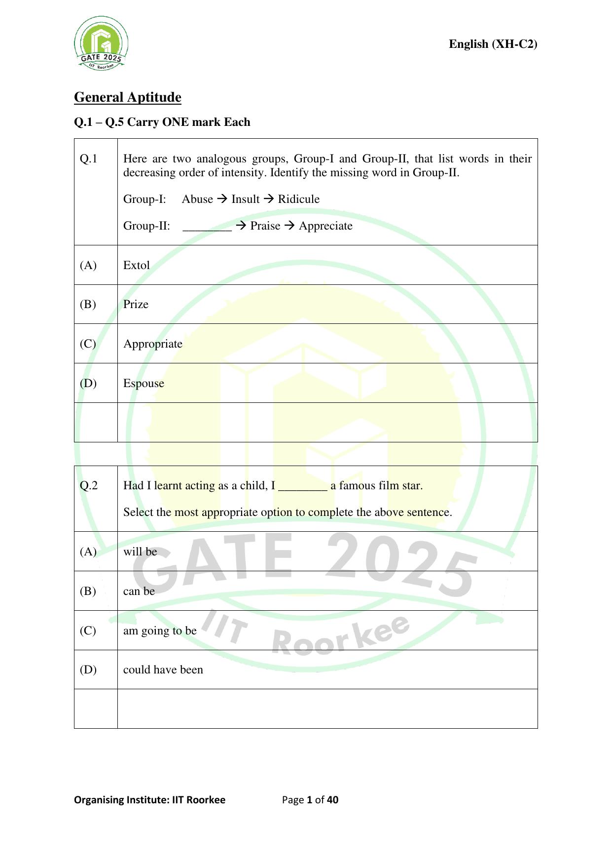 GATE 2025 Humanities & Social Sciences - English (XH-C2) Question Paper - Page 1