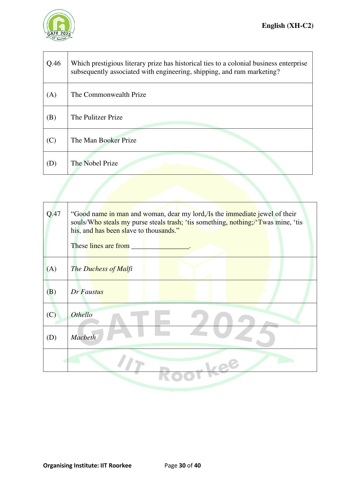 GATE 2025 Humanities & Social Sciences - English (XH-C2) Question Paper - Page 30