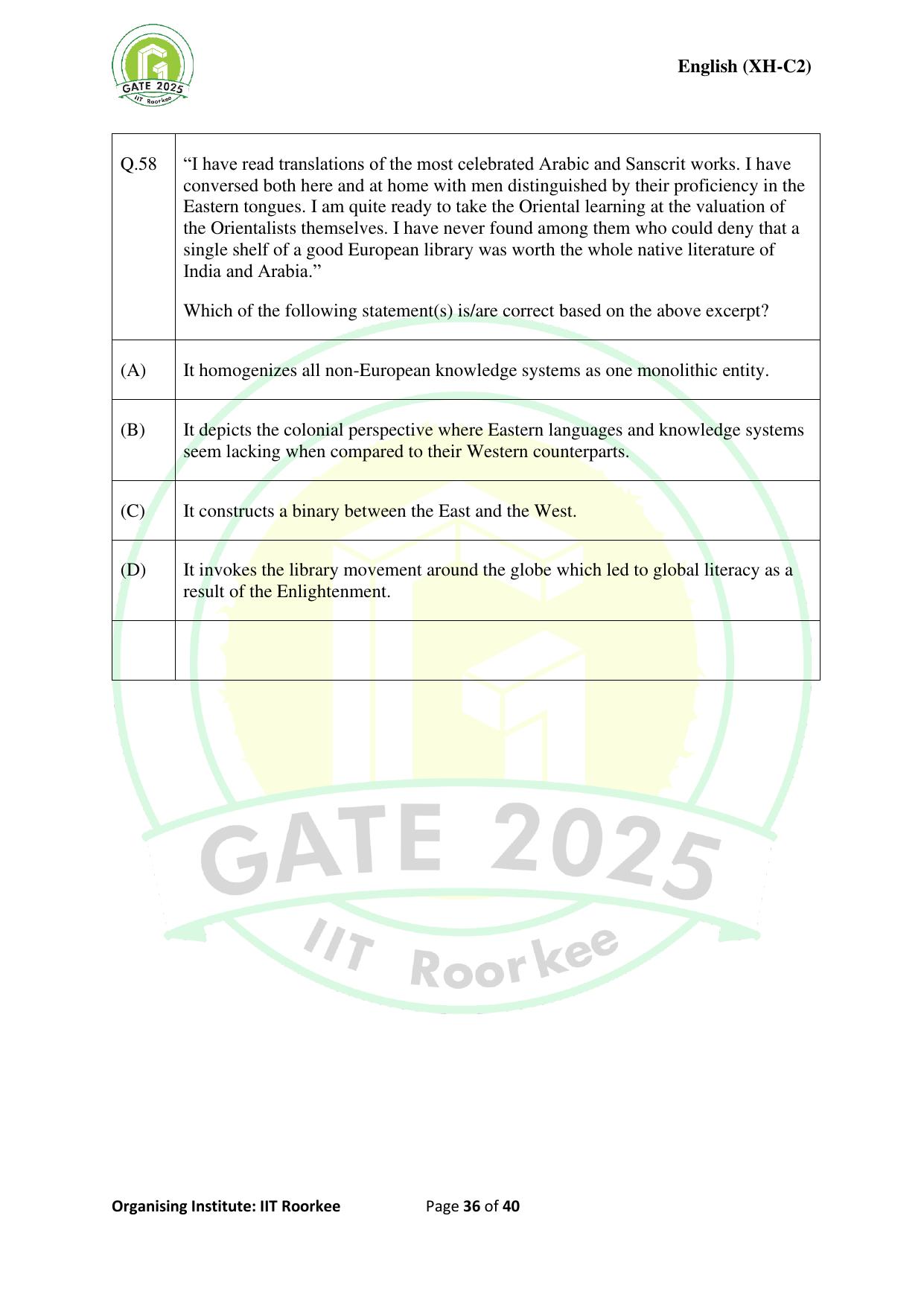 GATE 2025 Humanities & Social Sciences - English (XH-C2) Question Paper - Page 36