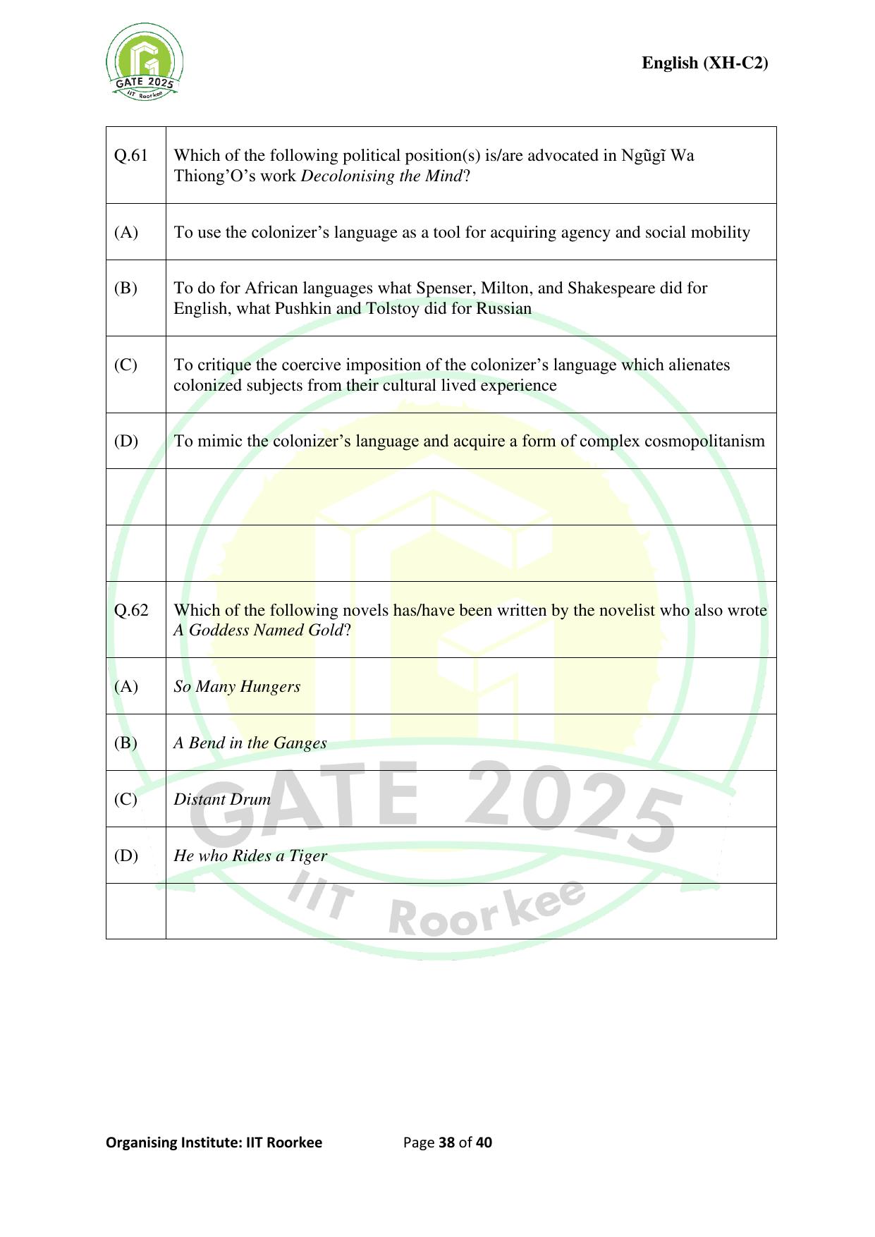 GATE 2025 Humanities & Social Sciences - English (XH-C2) Question Paper - Page 38