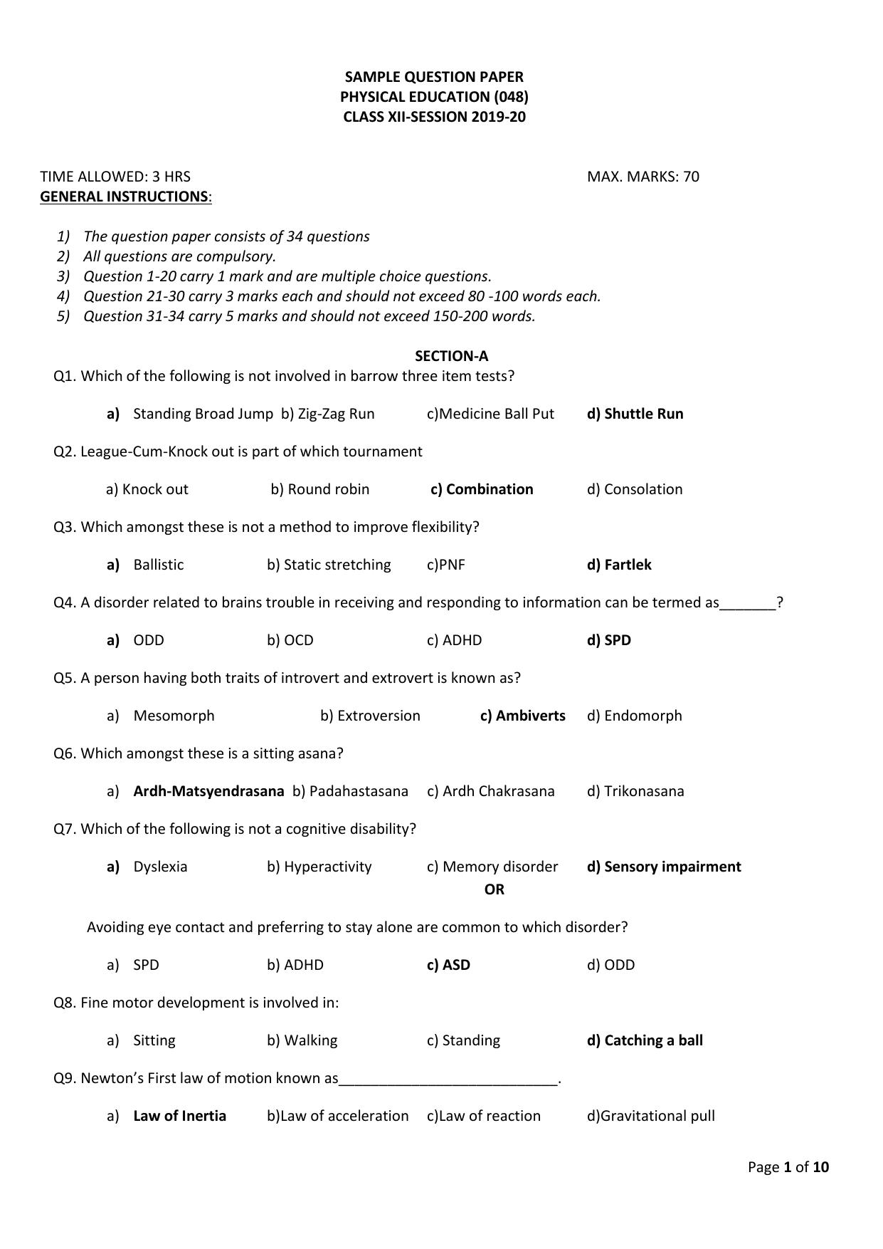 CBSE Class 12 Physical Education -Sample Paper 2019-20 - Page 1