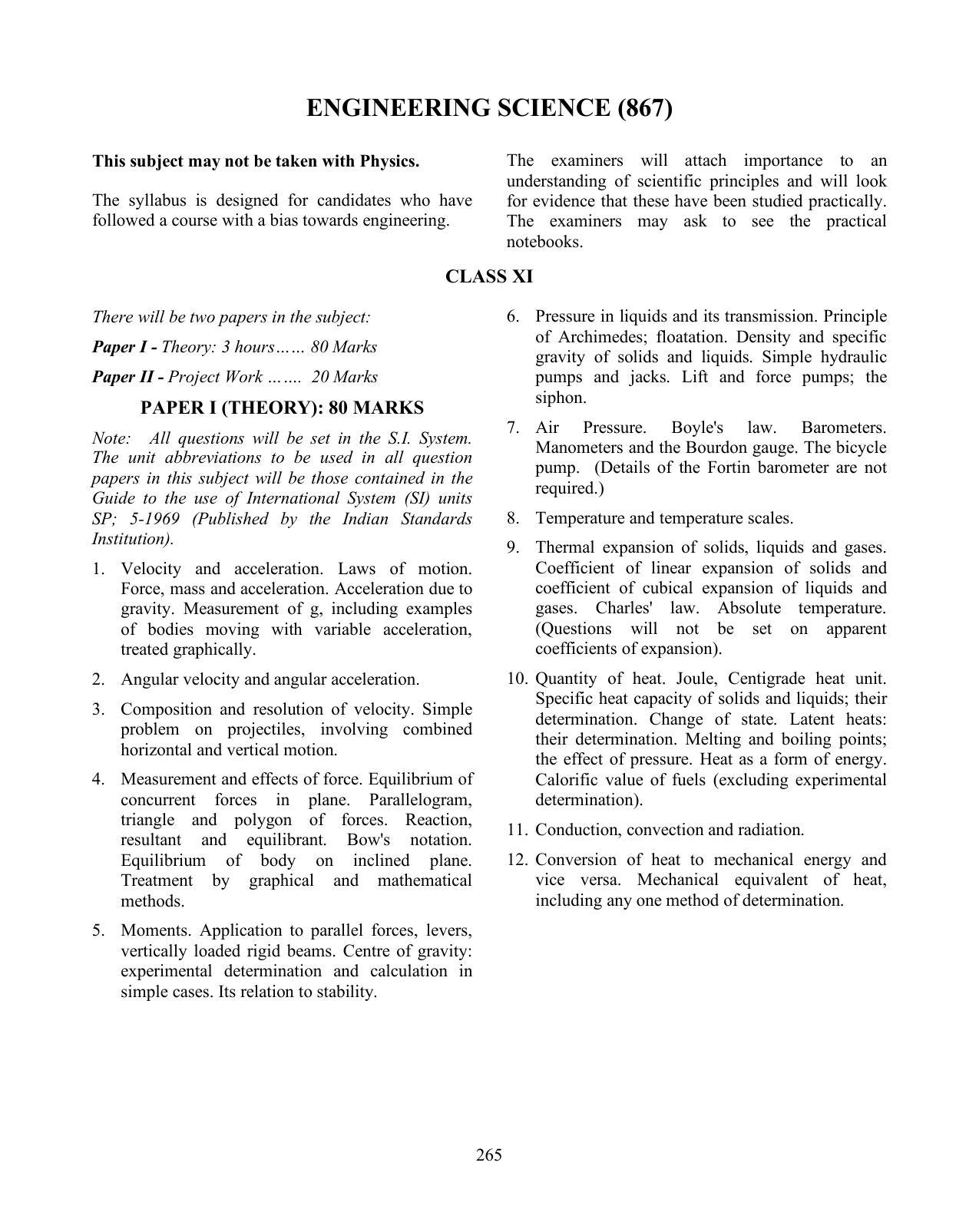 ISC Class XI & XII Engineering Science Syllabus - Page 1