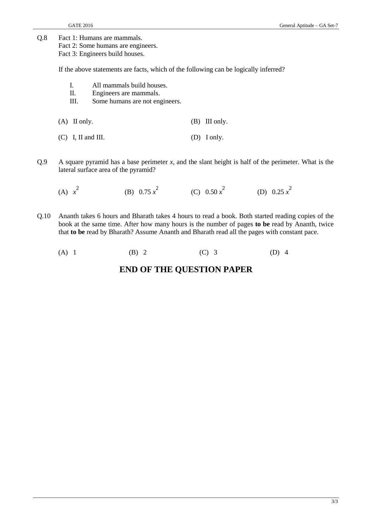 GATE 2016 Ecology and Evolution (EY) Question Paper with Answer Key - Page 3