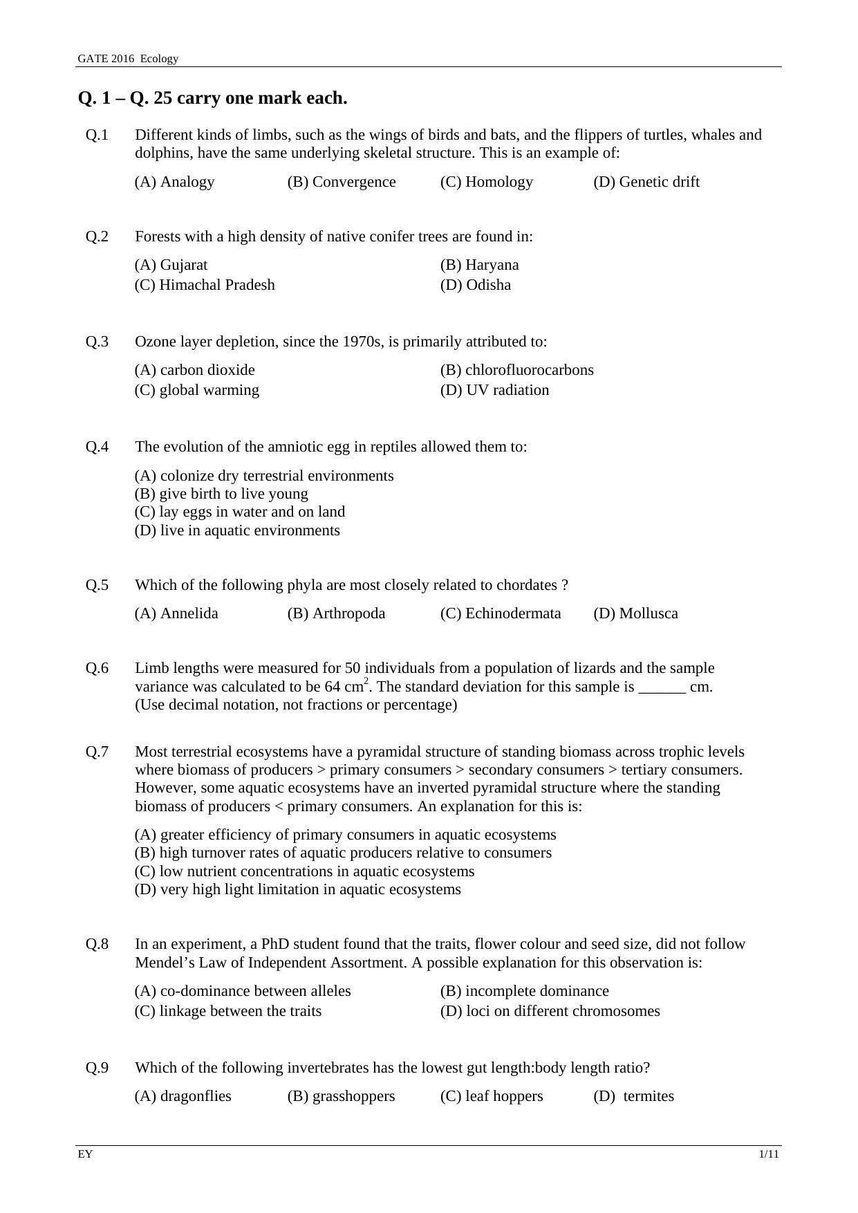 GATE 2016 Ecology and Evolution (EY) Question Paper with Answer Key - Page 4
