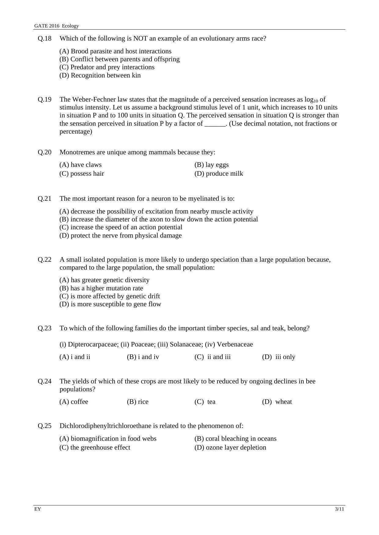 GATE 2016 Ecology and Evolution (EY) Question Paper with Answer Key - Page 6