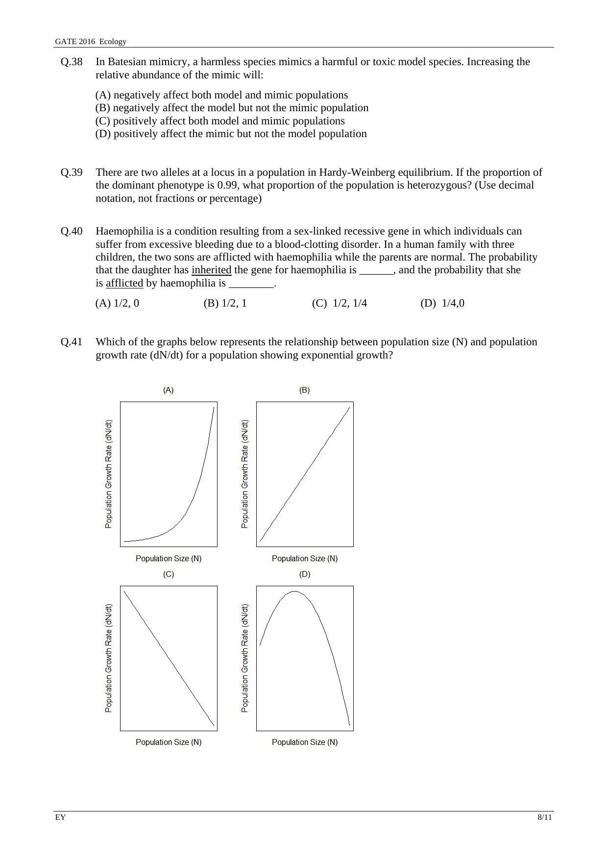 GATE 2016 Ecology and Evolution (EY) Question Paper with Answer Key - Page 11