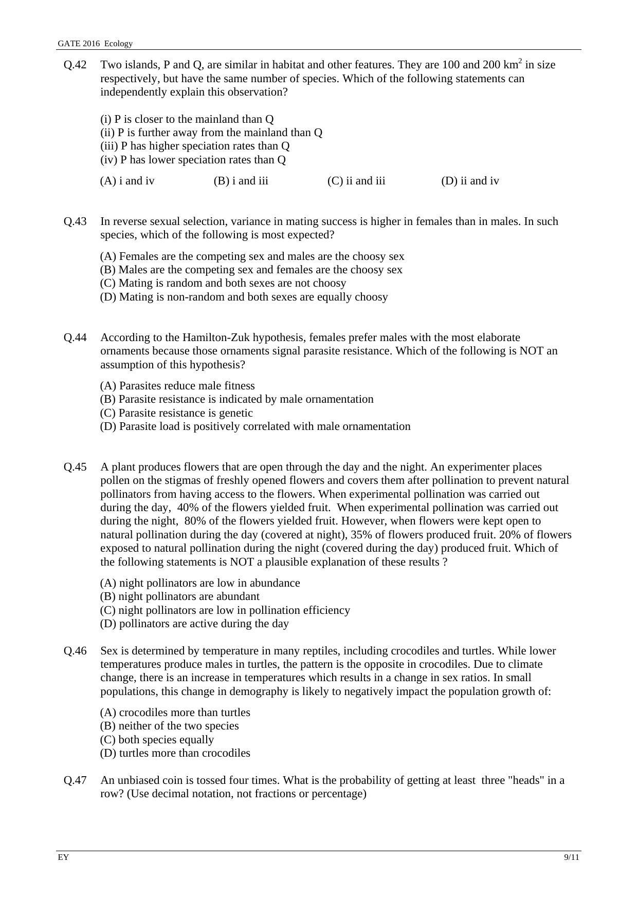 GATE 2016 Ecology and Evolution (EY) Question Paper with Answer Key - Page 12