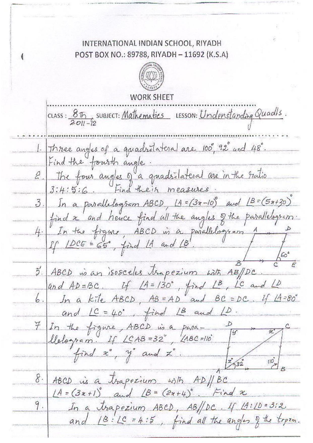 CBSE Worksheets for Class 8 Mathematics Understanding Quadrilaterals Assignment 9 - Page 1