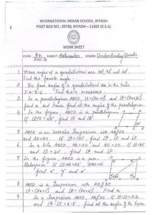CBSE Worksheets for Class 8 Mathematics Understanding Quadrilaterals Assignment 9