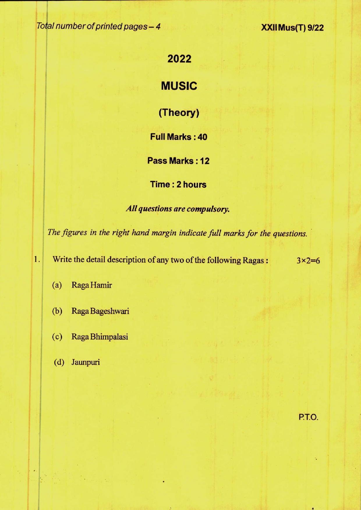 COHSEM 12th Question Papers 2022 Music - Page 1