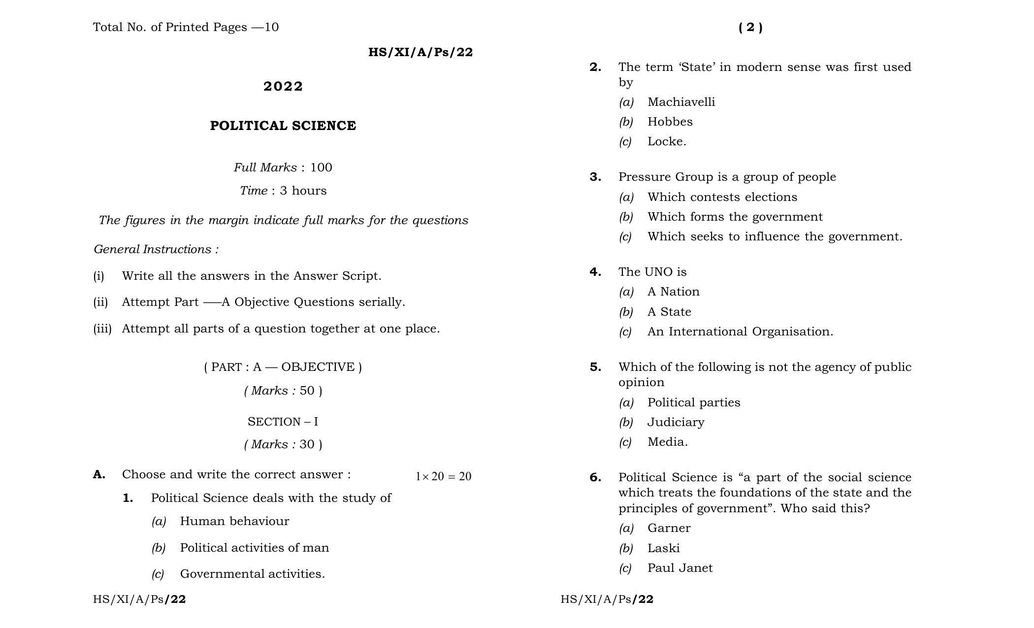 Meghalaya Board (MBOSE) Class 11 Political Science (theory) 2022 Question Paper - Page 1