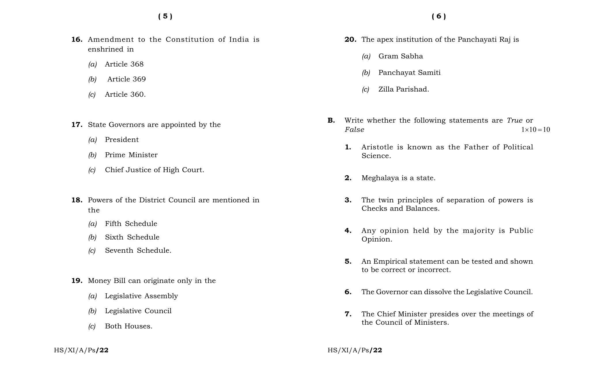 Meghalaya Board (MBOSE) Class 11 Political Science (theory) 2022 Question Paper - Page 3