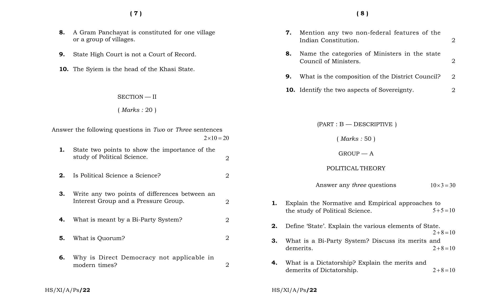 Meghalaya Board (MBOSE) Class 11 Political Science (theory) 2022 Question Paper - Page 4