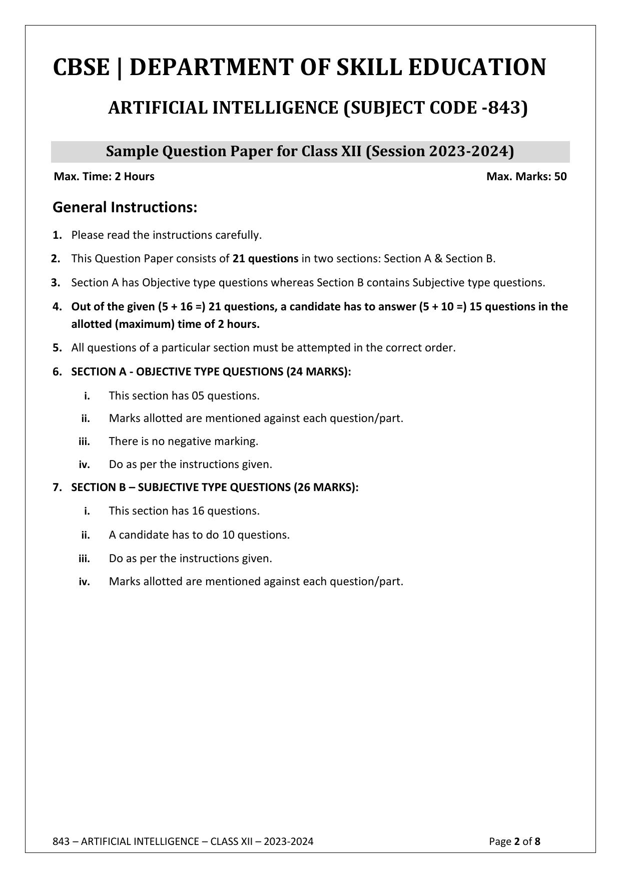 CBSE Class 12 (Skill Education) Artificial Intelligence 2024 Sample Paper - Page 2