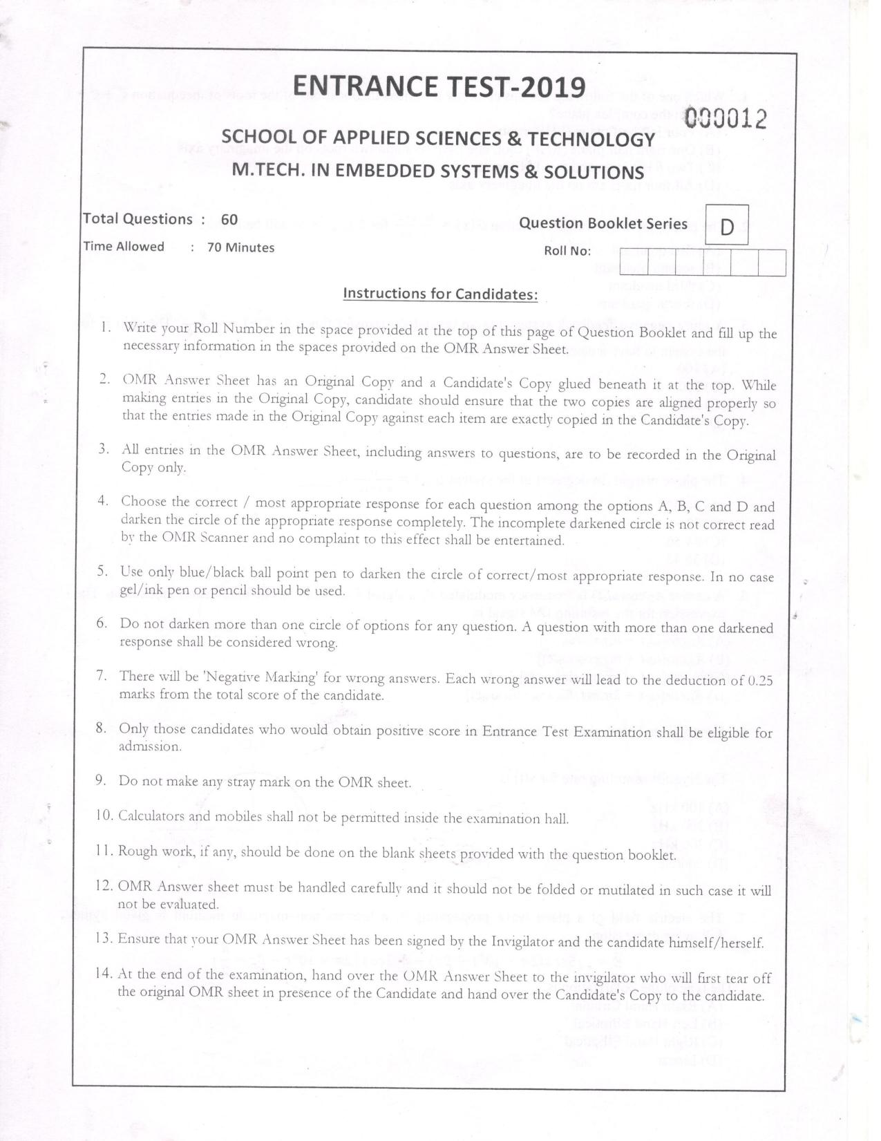 KUET 2023 M.Tech Embedded Systems Question Paper - Page 1