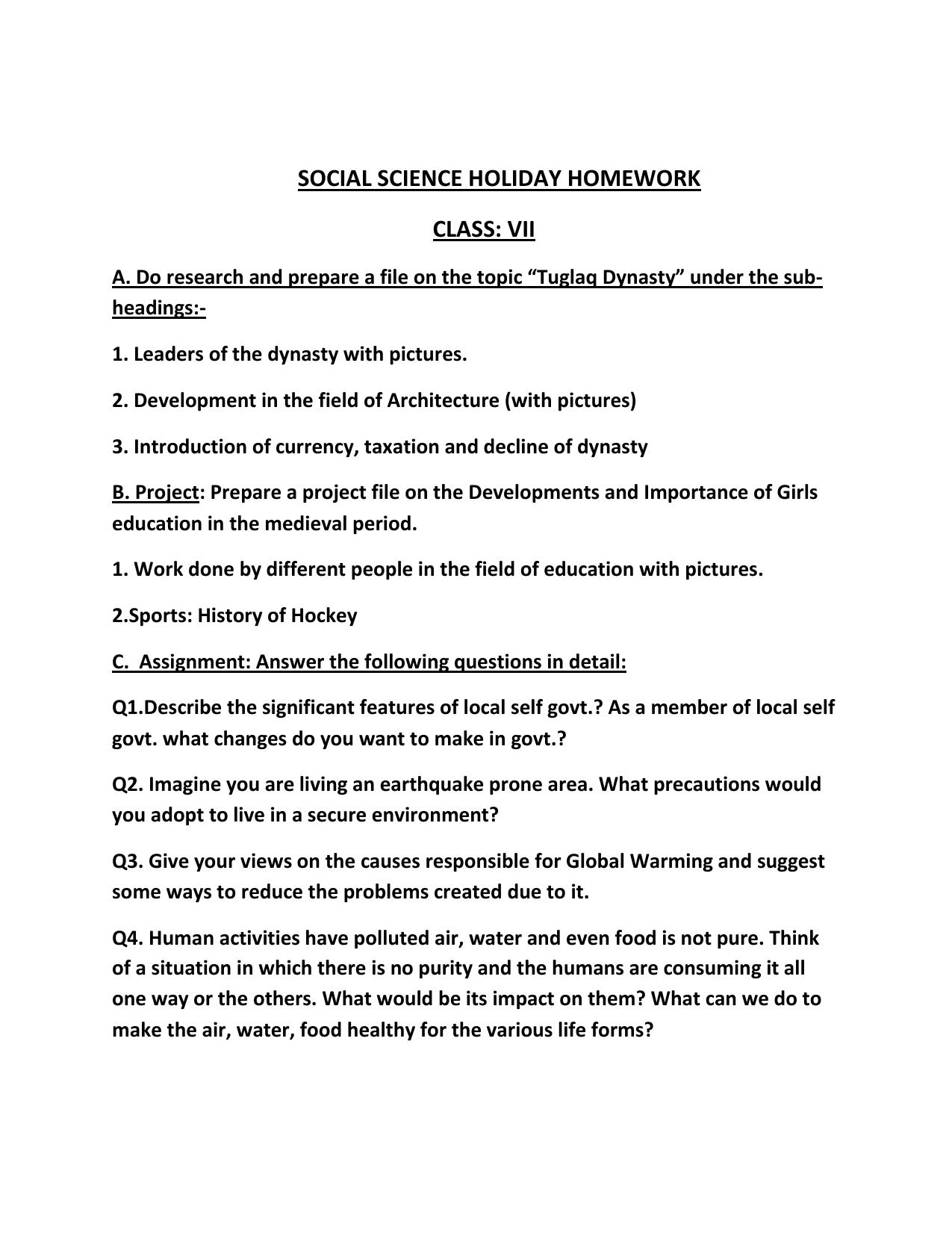 CBSE Worksheets for Class 7 Geography Tuglaq Dynasty Assignment - Page 1
