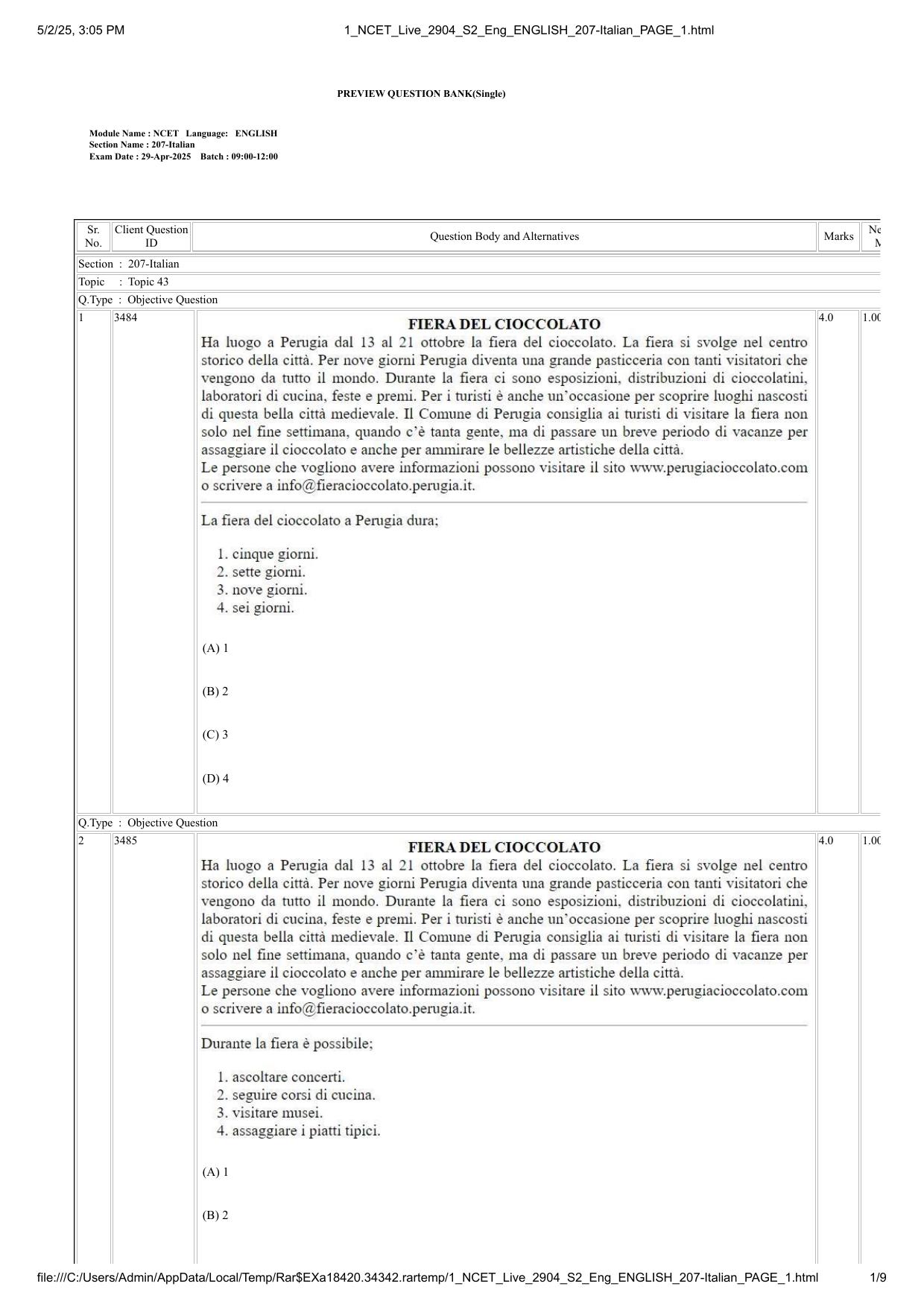 NCET 2025 Question Paper - Italian - Page 1