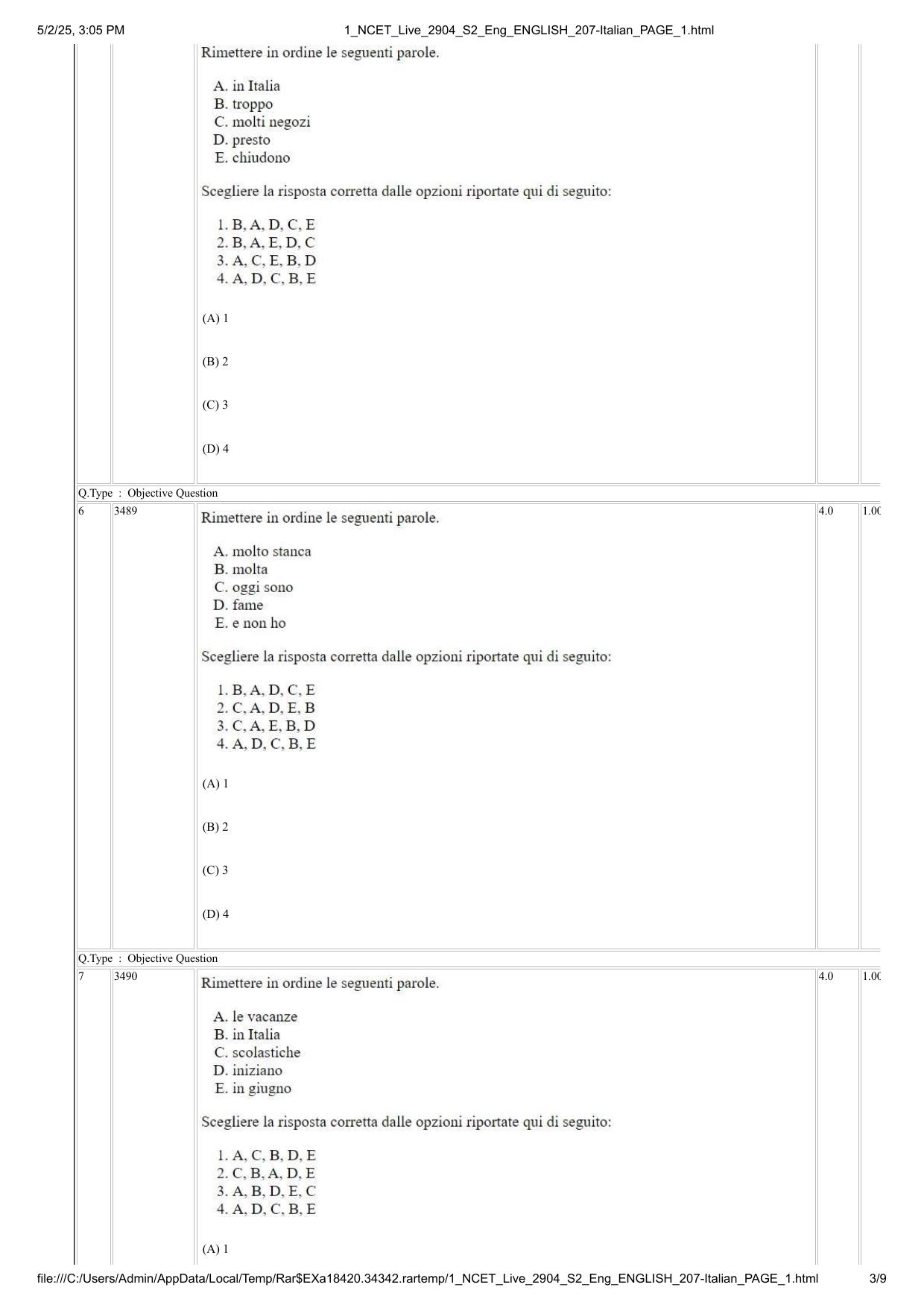 NCET 2025 Question Paper - Italian - Page 3