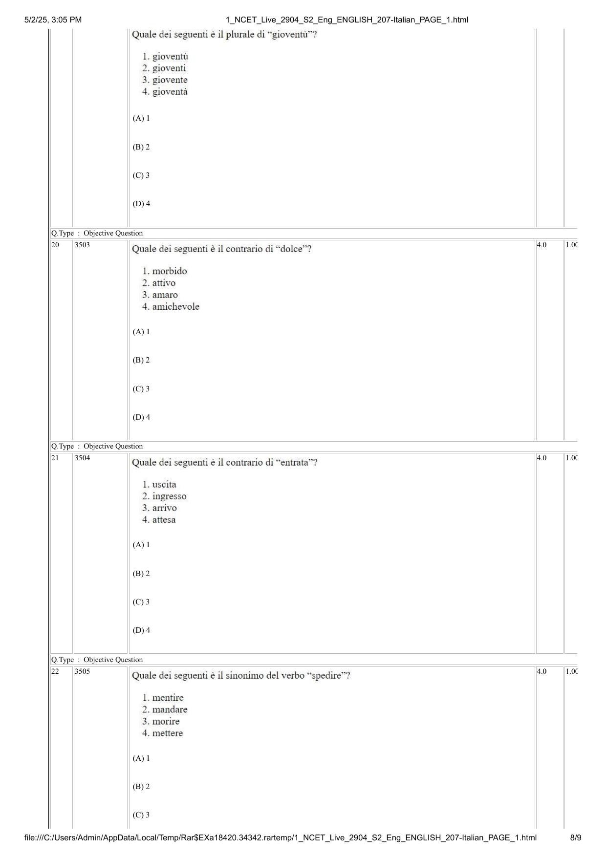 NCET 2025 Question Paper - Italian - Page 8