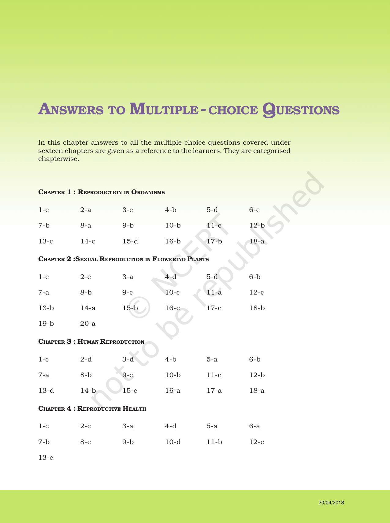 NCERT Exemplar Class 12: Biology - Answers to MCQs - Page 1