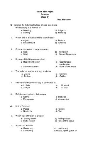 PSEB 8th Science Model Paper 2025