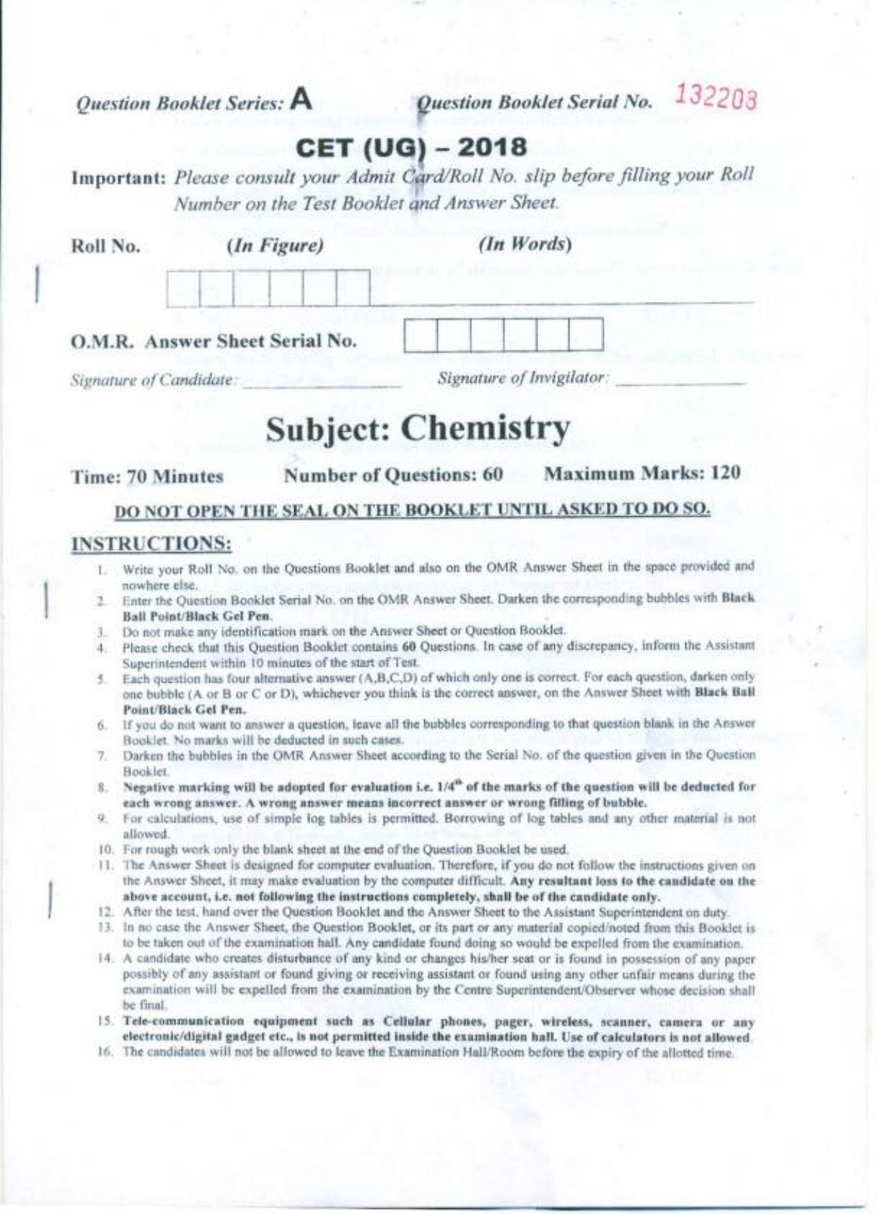 PUCET UG 2018 Chemistry Question Paper - Page 1