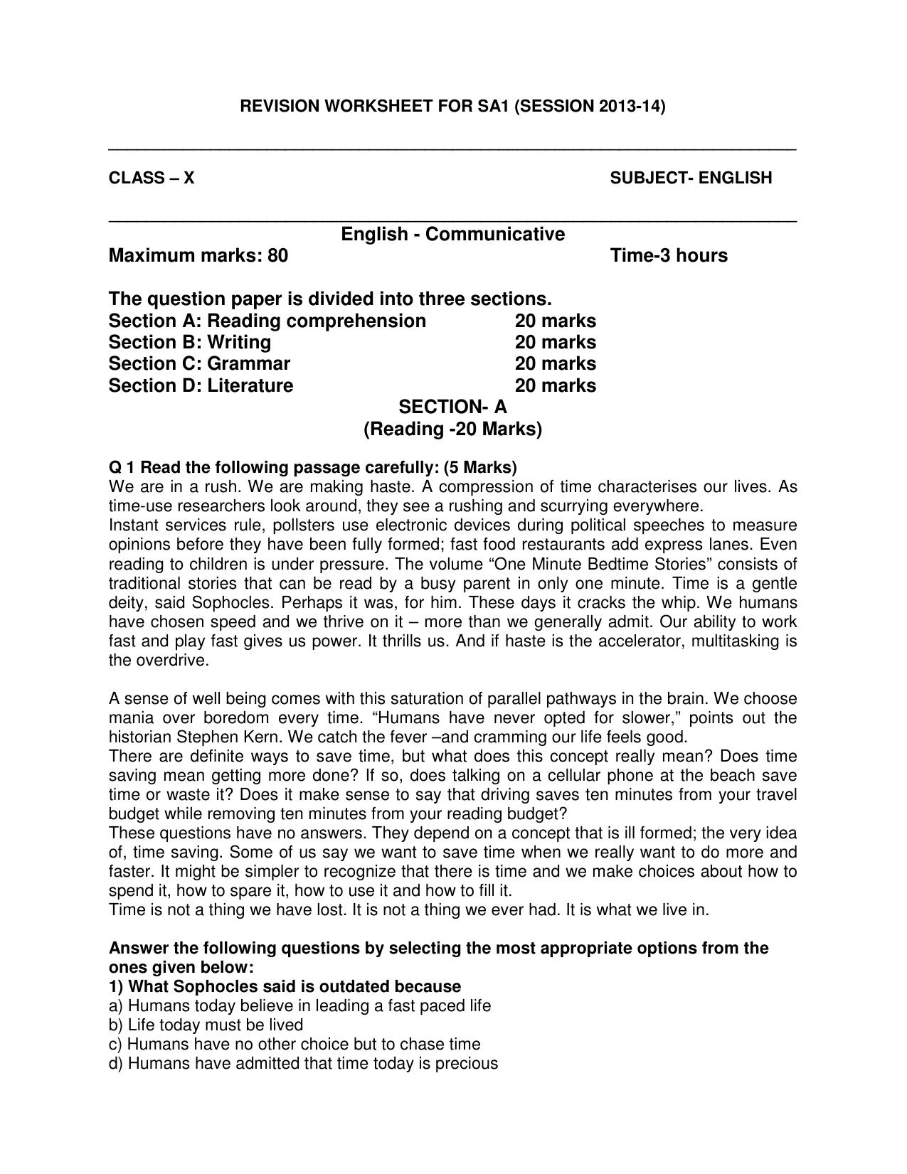CBSE Worksheets for Class 10 English Assignment 10 - Page 1