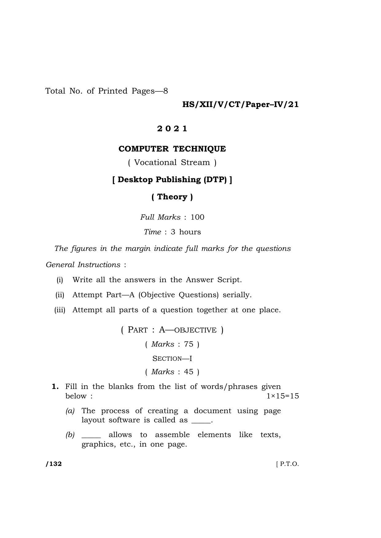 Meghalaya Board (MBOSE) Class 12 COMPUTER TECHNIQUE Paper–IV (HS-XII-V-CT-Paper–IV-21) 2021 Question Paper - Page 1