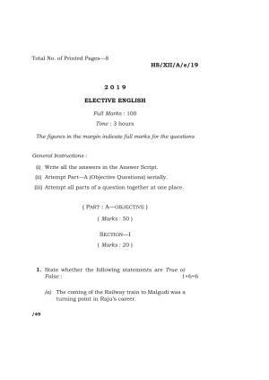 Meghalaya Board (MBOSE) Class 12 ELECTIVE ENGLISH 2019 Question Paper
