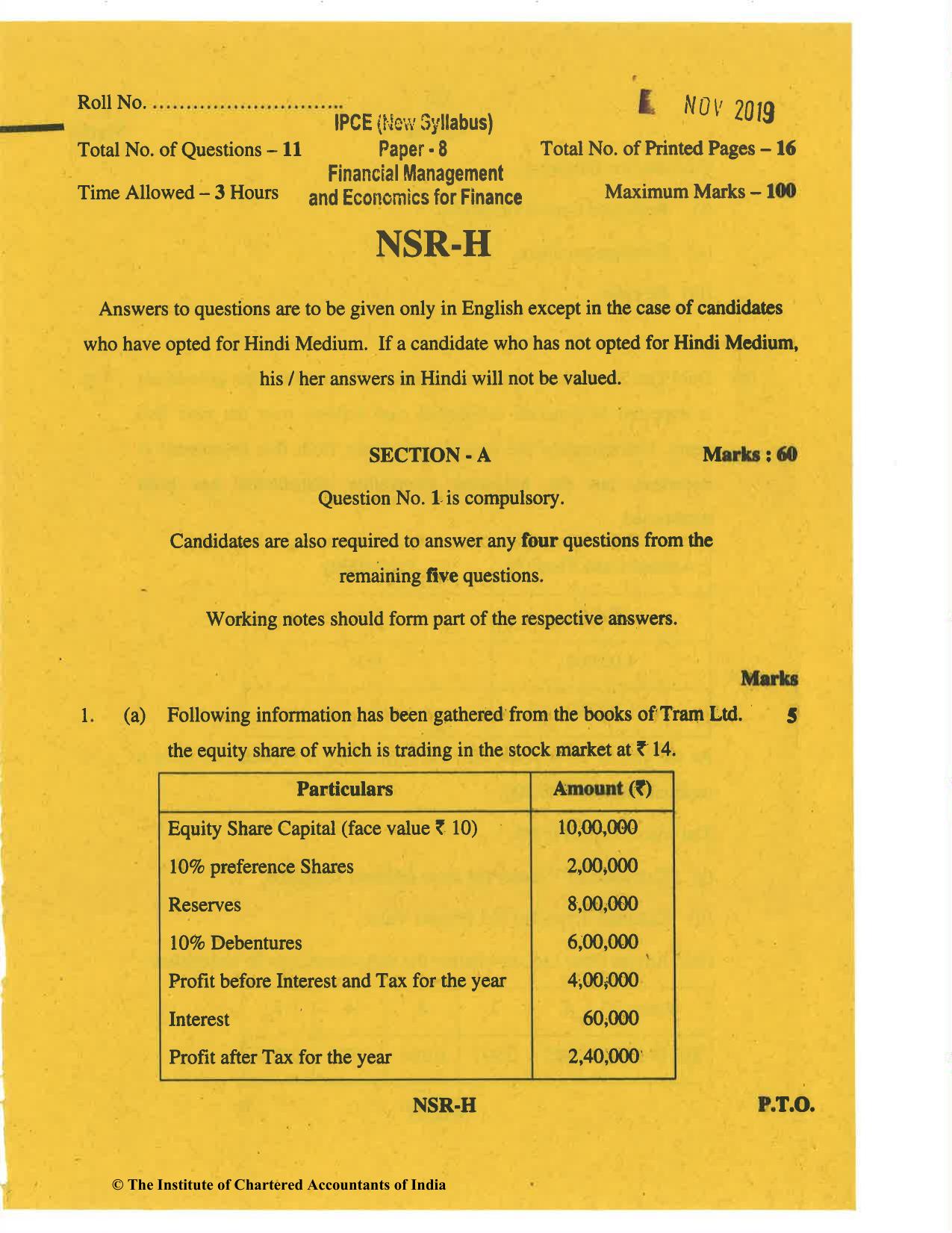 CA Inter Nov 2019 Question Paper - Paper 8 – Financial Management & Economics for Finance - Page 1